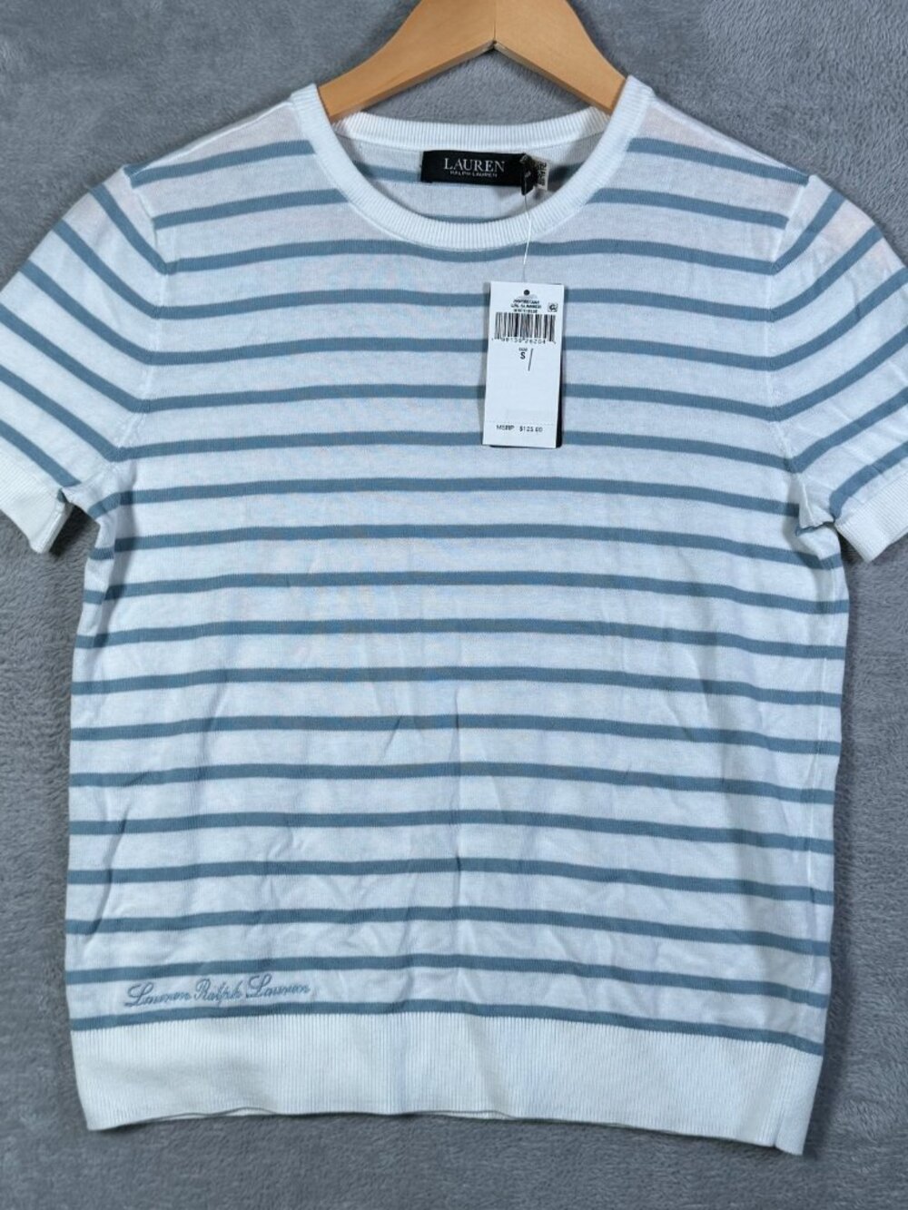 Lauren Ralph Lauren Sweater Womens S White Blue Striped Knit Short Sleeve $125